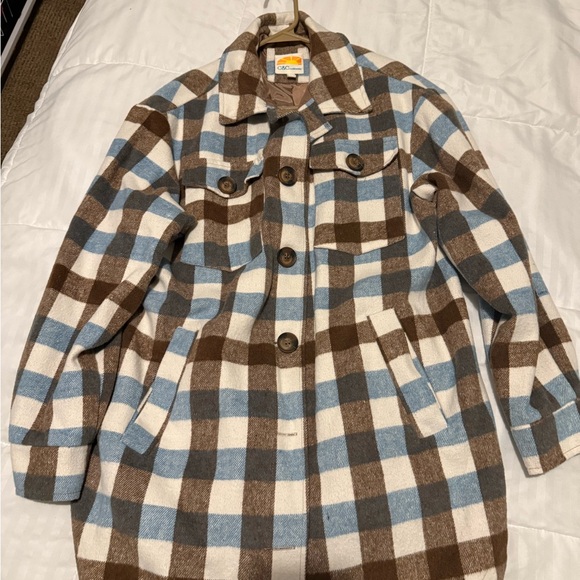 Brown and Blue Plaid Flannel Pea Coat - Picture 1 of 4